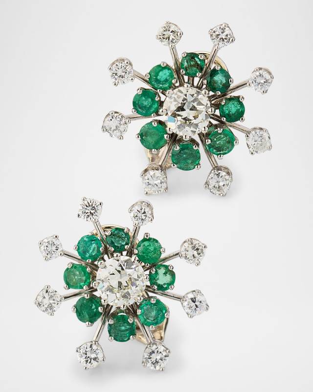 Estate Emerald and Diamond Cluster Earrings